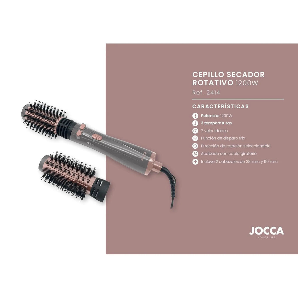Jocca 3-in-1 rotary dryer brush: dryer, curler and volumizer, 3 temperatures, 2 speeds, two-way rotating head, 2 interchangeable brushes (38mm and 50mm), ceramic coating, 360 rotating cable ° , cold air blow, 1000-1200w