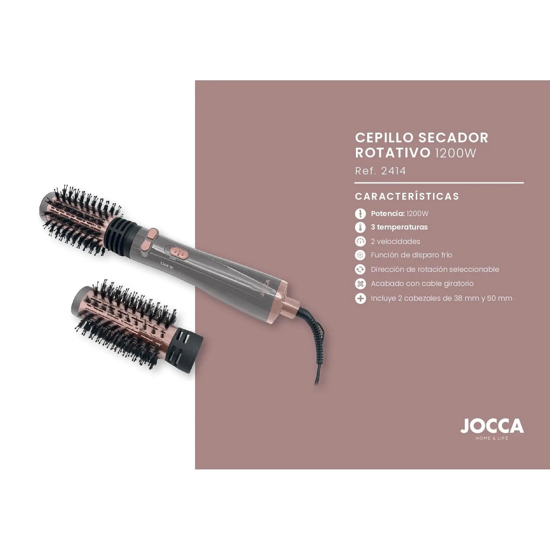 Jocca 3-in-1 rotary dryer brush: dryer, curler and volumizer, 3 temperatures, 2 speeds, two-way rotating head, 2 interchangeable brushes (38mm and 50mm), ceramic coating, 360 rotating cable ° , cold air blow, 1000-1200w