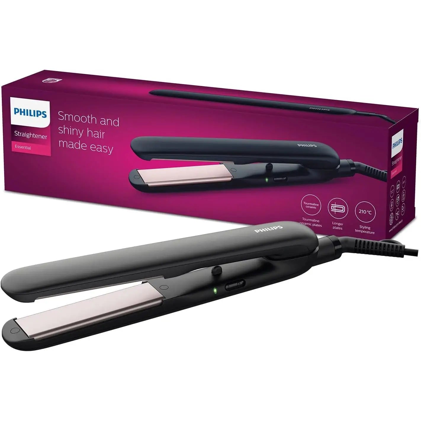 Philips EssentialCare HP8321/00 - Hair Straightener with 100mm Ceramic Plates and Tourmaline, Heats to 210°C in 60 seconds for Quick Styling, Dual Voltage, with Locking Function for Safe Storage.