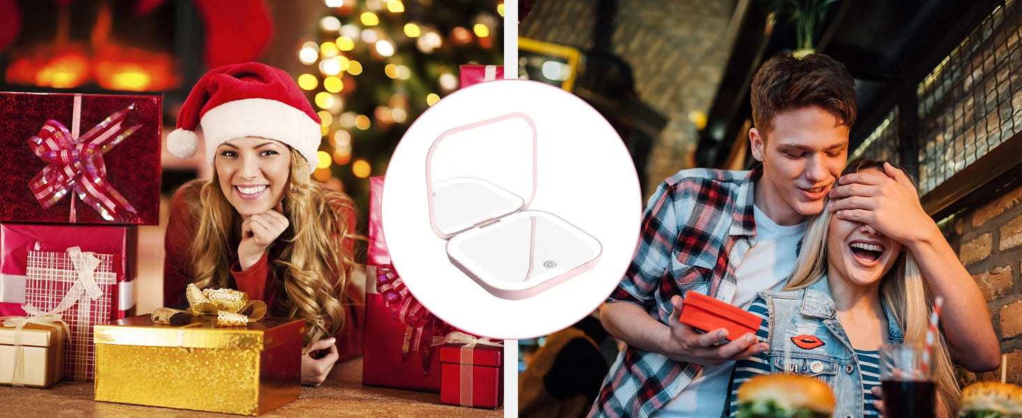 Compact Mirror with Lights, 1X/2X Magnification Portable Folding Handheld Small Pocket LED Travel Makeup Mirror for Gift, Purse