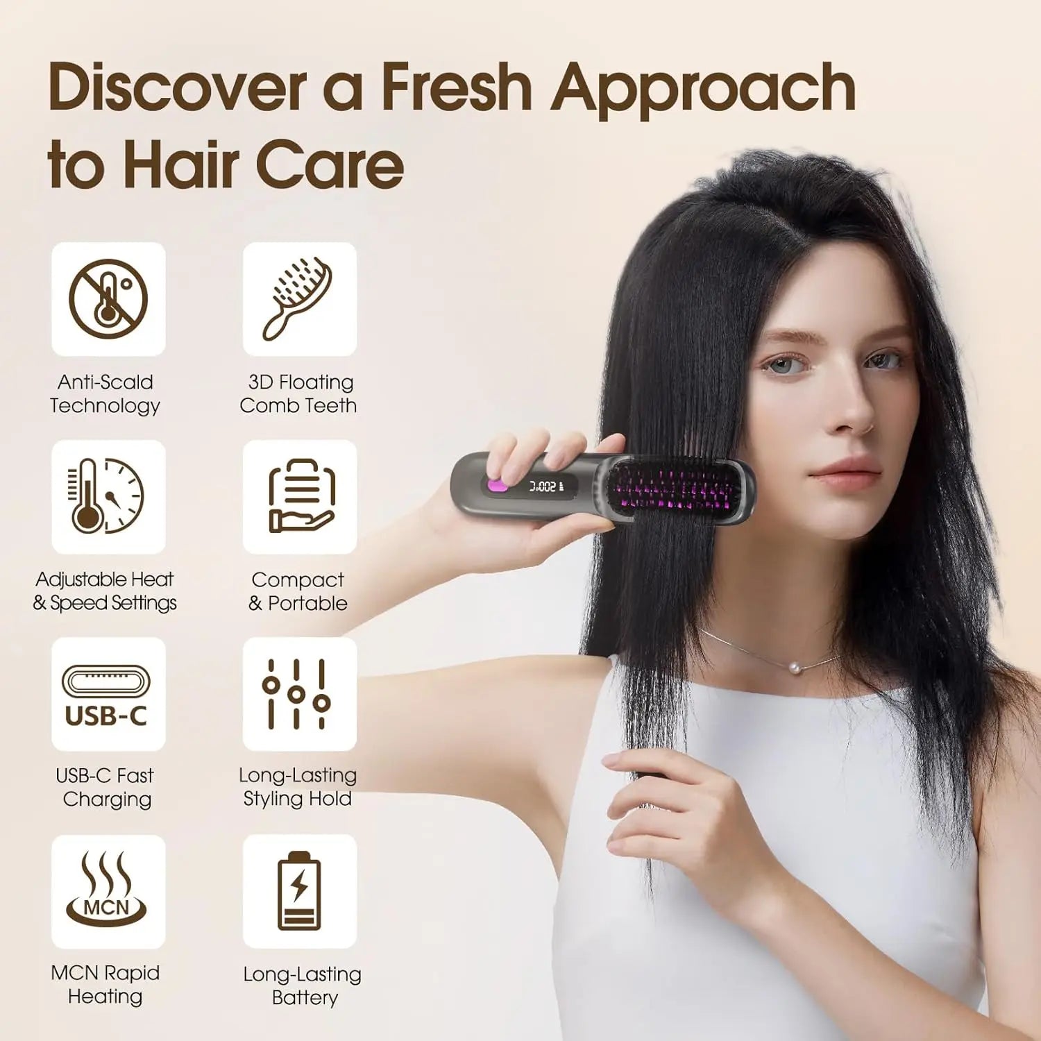 Hair Straightener Brush with LCD Display Cordless USB Charging Straightener Portable Mini Straightening Brush for Home Travel