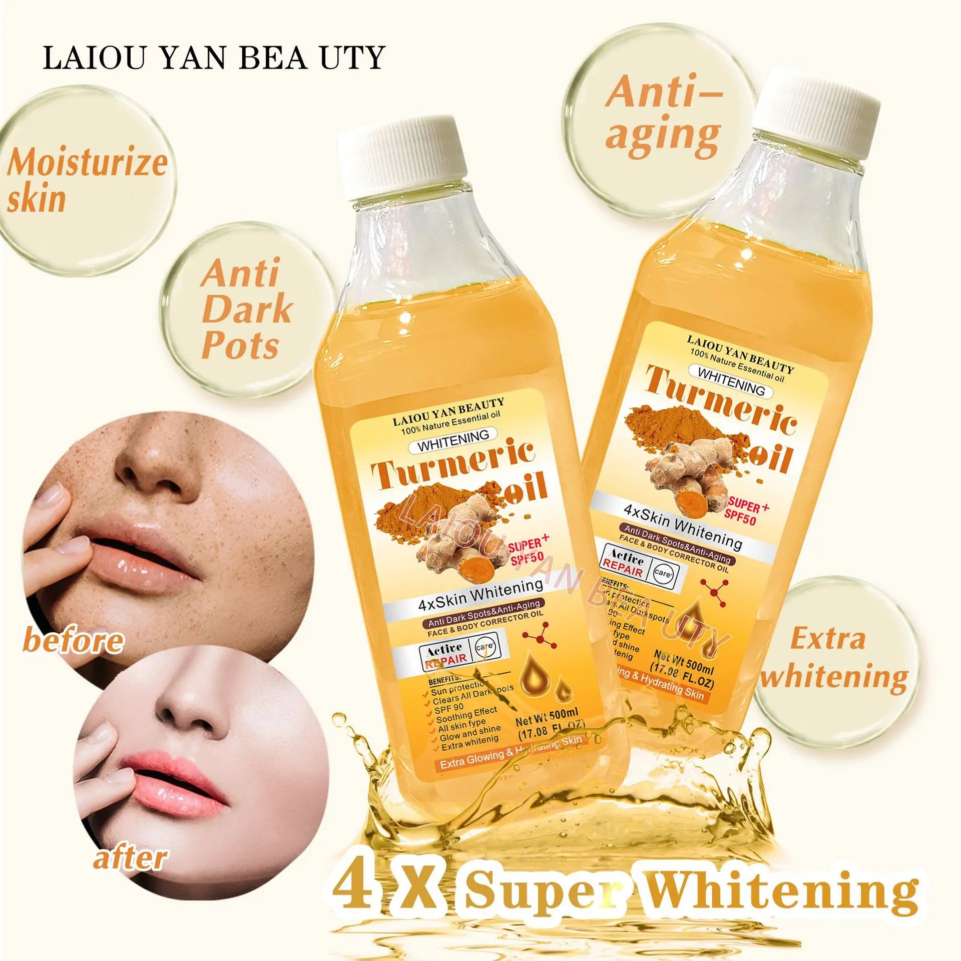 500ml Turmeric Remove Dark Spots Essential Oil for Women Moroccan Ginger Anti Wrinkle Serum Men Whitening Moisturizing Skin Care
