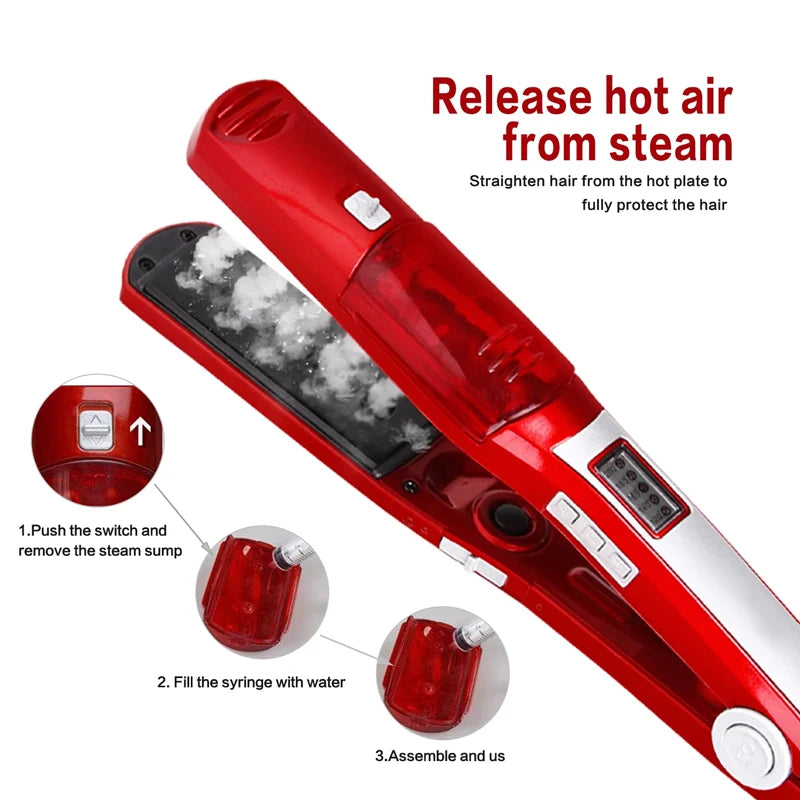 Profesional Strong Steam Hair Straightener Portable Salon Wide Hair Care 2 in 1 Flat Iron and Curling Iron