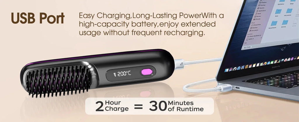 Hair Straightener Brush with LCD Display Cordless USB Charging Straightener Portable Mini Straightening Brush for Home Travel