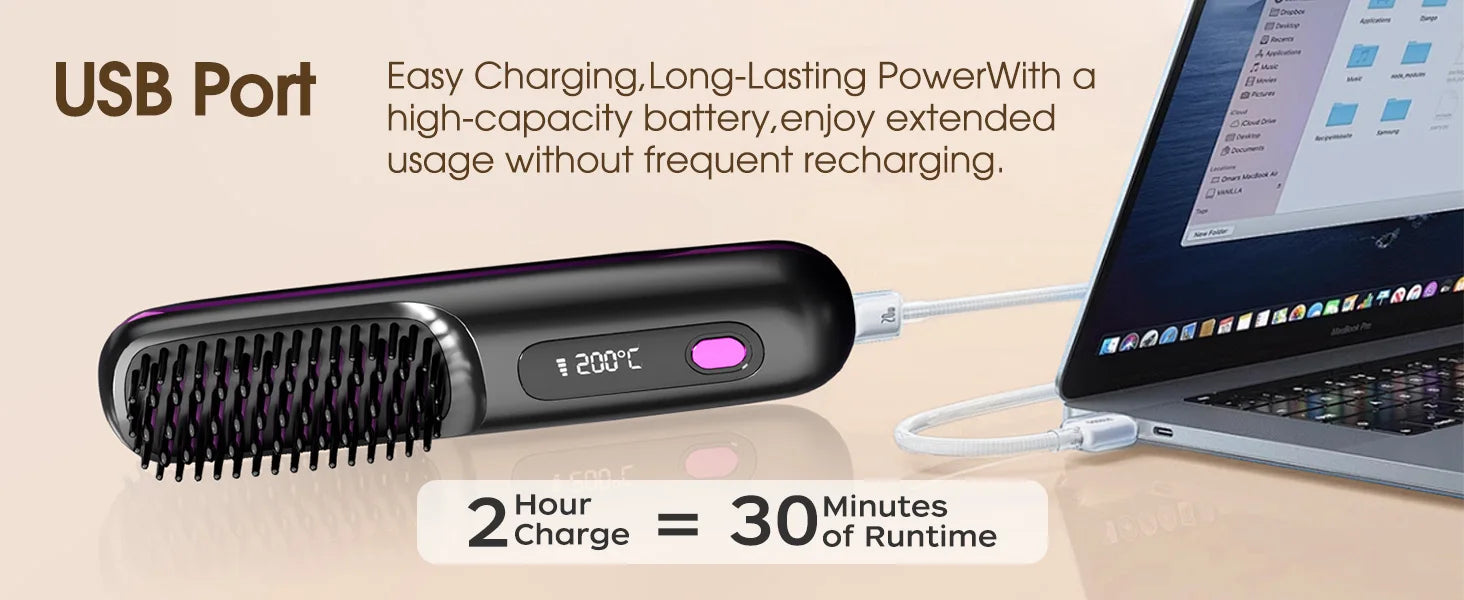 Hair Straightener Brush with LCD Display Cordless USB Charging Straightener Portable Mini Straightening Brush for Home Travel