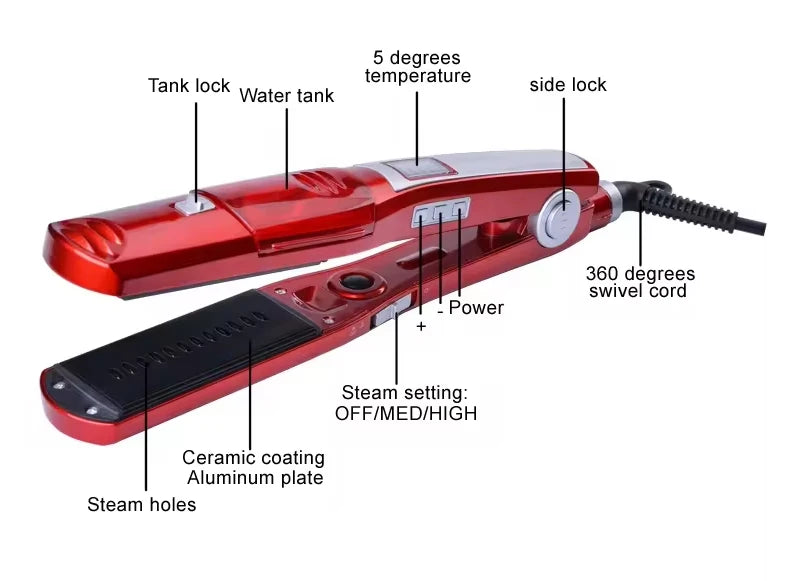 Profesional Strong Steam Hair Straightener Portable Salon Wide Hair Care 2 in 1 Flat Iron and Curling Iron