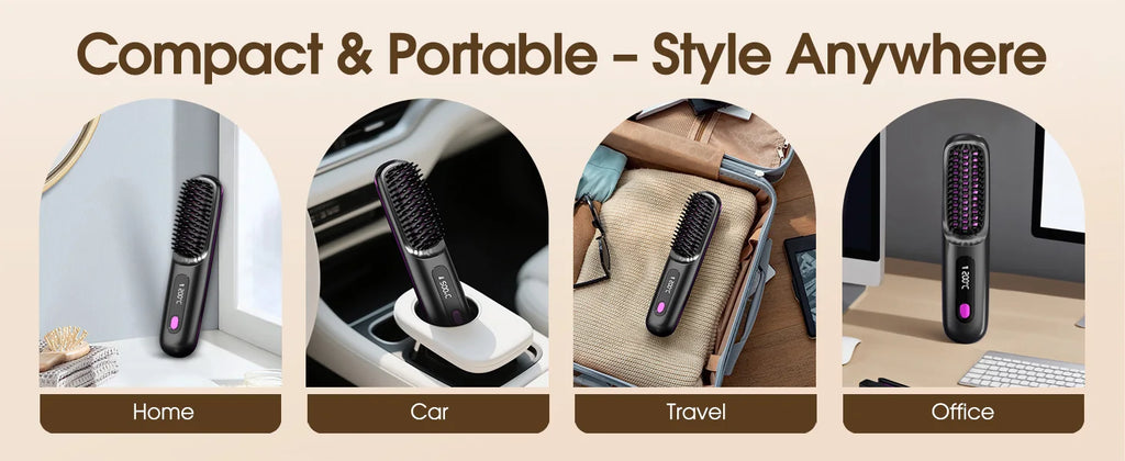 Hair Straightener Brush with LCD Display Cordless USB Charging Straightener Portable Mini Straightening Brush for Home Travel
